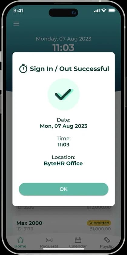 ByteHR mobile app site attendance screen