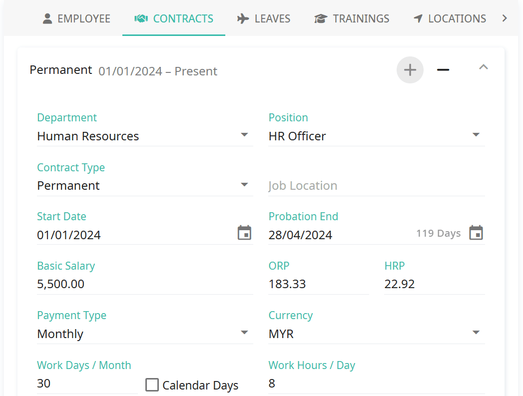 Employee contract form in ByteHR admin