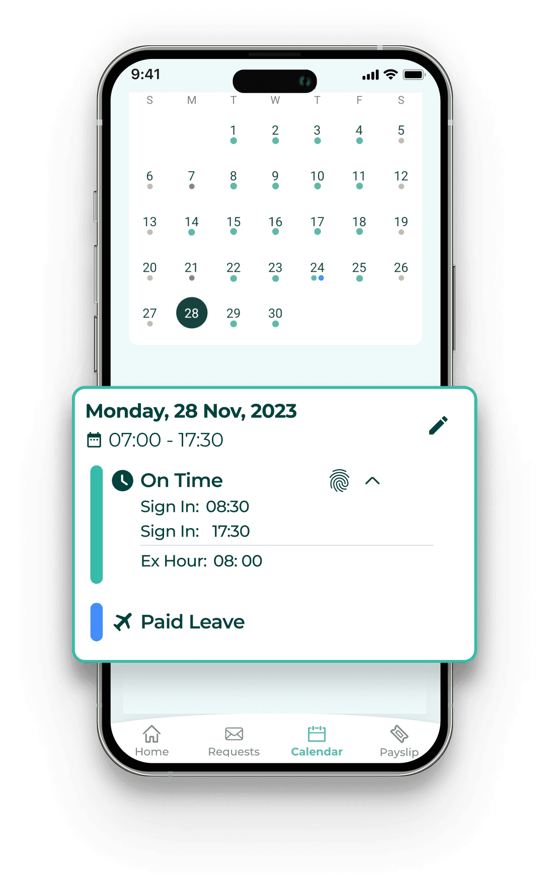 Employees can view their shifts and days off from mobile app calendar.