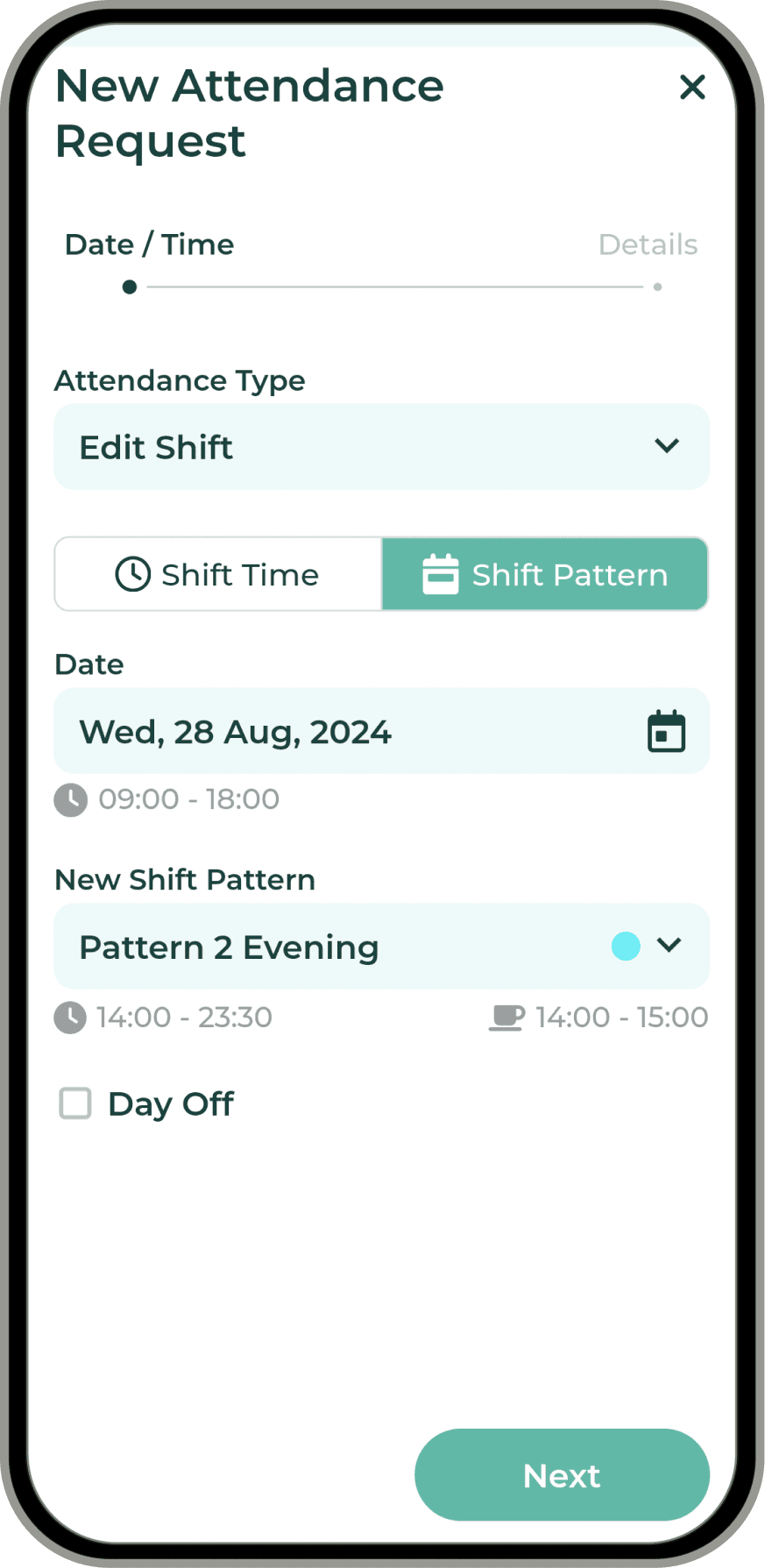 Employees can view their shifts and days off from mobile app calendar.